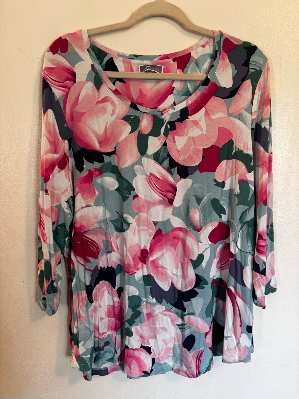 JM Collection Pink and Green Floral Long-Sleeve Scoop Neck Top